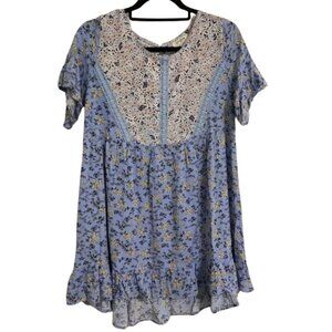 Umgee Women's Small Short Sleeve Blue Floral Knee Length Dress W/ Embroidery